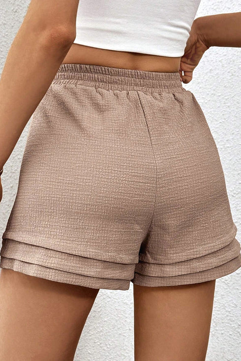 Straw Yellow Textured Tiered Edge High Waist Casual Shorts